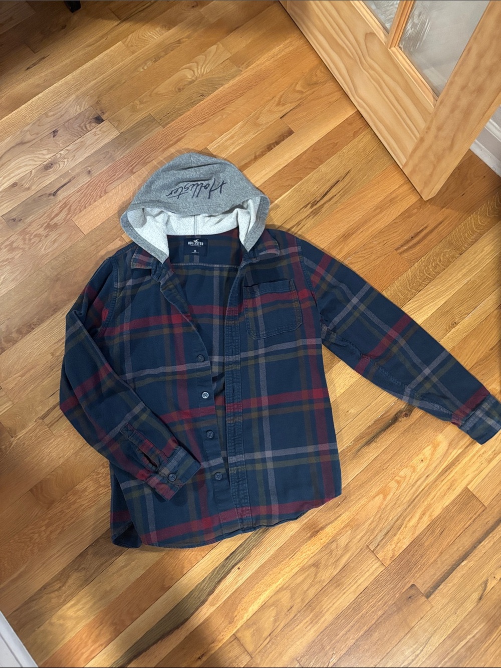 Hollister Grey Hooded Plaid Flannel Shirt Jacket